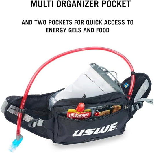 USWE Zulo Hydration Hip Pack - with Organizer and Side Pockets, Bounce Free Hip Belt (Carbon Black, 2L)