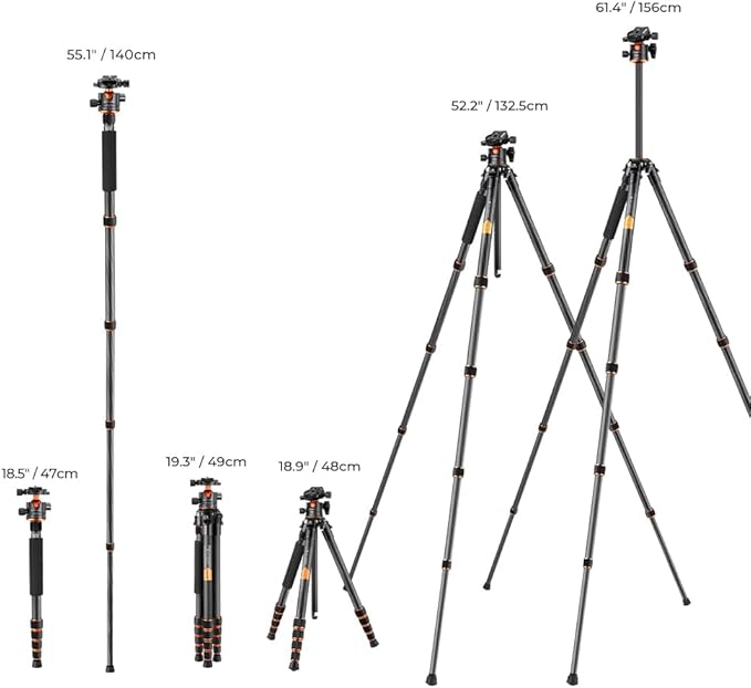 K&F Concept 62" Carbon Fiber Camera Tripod,Portable Compact Tripods with Detachable Monopod,360° Metal Ball Head 33lbs Load Capacity with Quick Release Plate for Travel and Work A255C2+BH-35L