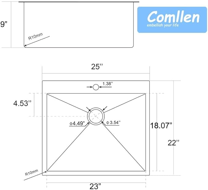 Comllen 25 x 22 Inch Drop In Black Kitchen Sink,Topmount 16 Gauge Stainless Steel Black Kitchen Sinks, 9 Inch Deep Utility RV Sink with Dish Grid and Basket Strainer