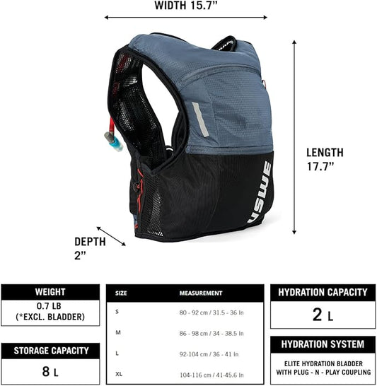USWE Rush 8L Bike Hydration Vest, Adjustable Chest Straps Running Hydration Vest, 2.0L Hydration Bladder, Mountain Biking, Gravel & Cycling with Reflective Details, Men & Women