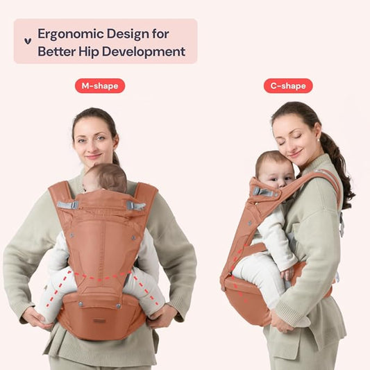BabbleRoo Grow Carrier – 6-in-1 Baby Carrier with Hip Seat, Ergonomic, Cozy & Adjustable Toddler Carrier 7-50 lbs with Hip & Lumbar Support, Hood for Sun Protection, Newborn to Toddler, Kangaroo Rose