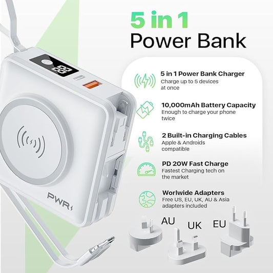 PWR Travel PRO 5-in-1 Power Bank – 10,000mAh with Built-in Cables – 20W USB-C + 15W Wireless Charging – Compact Portable Charger for iPhone & Android - White