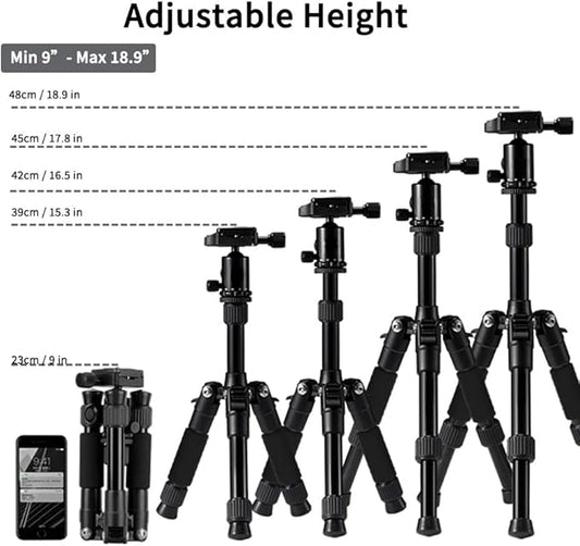 Portable Mini Tripod, 18.9" / 48cm Desk Tabletop Stand with 360° Ball Head, Compact Desktop Barcket for DSLR Camera Video Camcorder, Smartphone Shooting