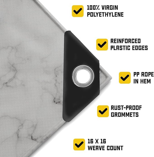 Core Tarps Extreme Heavy Duty 20 Mil Tarp Cover, Waterproof, UV Resistant, Rip and Tear Proof, Poly Tarpaulin with Reinforced Edges for Roof, Camping, Patio, Pool, Boat (Marble/White 24′ X 24′)