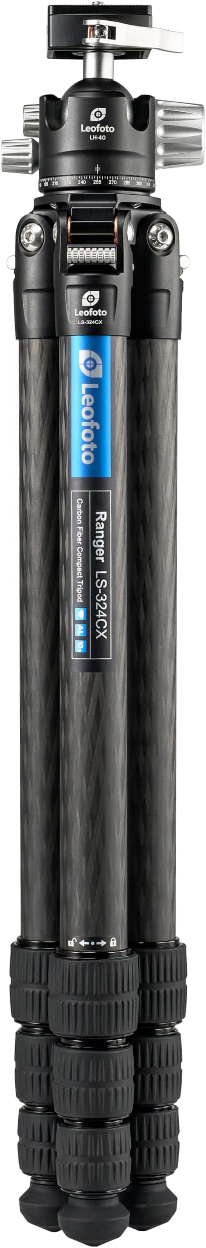 Leofoto LS-324CX+LH-40LR Travel Tripod, Ranger Series, Carbon Fiber, 4 Leg Sections, Lightweight, Ball Head Set