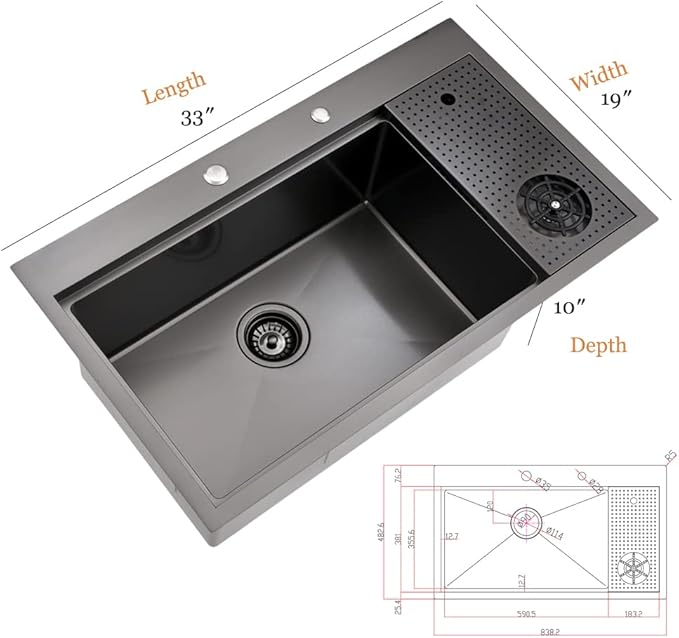 33 Inch Black Drop In Kitchen Sink with Glass Rinser-Bokaiya 33x19 Drop In Sink Stainless Steel Ledge Workstation 16 Gauge Single Bowl Deep Kitchen Sinks with Cup Washer
