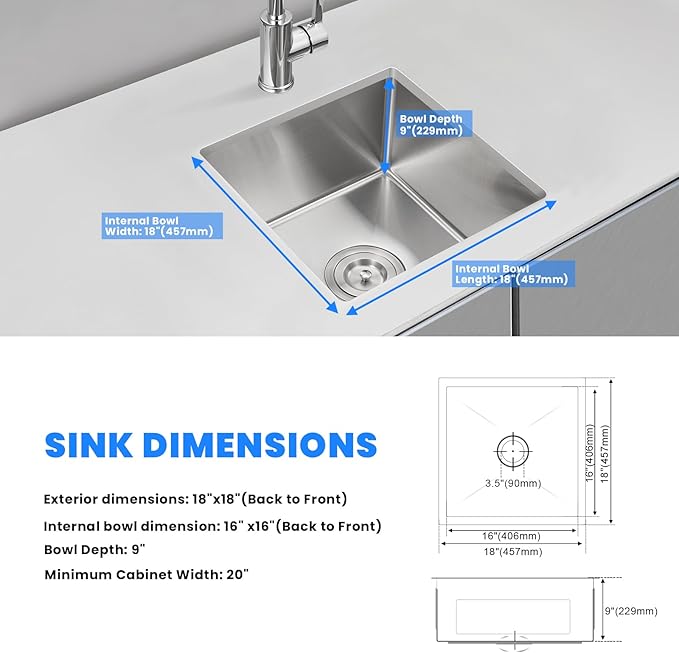 POPFLY 18 x 18 Inch Undermount Kitchen Sinks, Stainless Steel Single Bowl 9 Inches Deep Utility Small Bar or Prep Sinks, Brushed Nickel Laundry Room Sink(18×18×9)