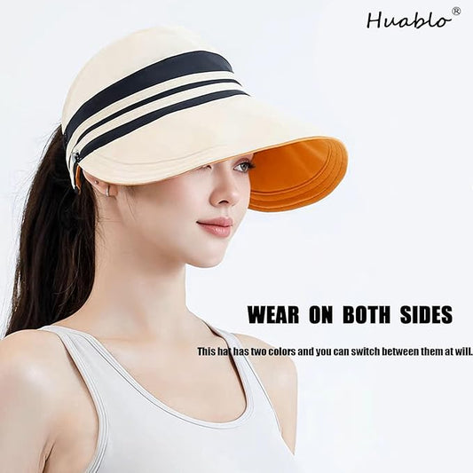 Sun Hats for Womens Wide Brim UV Protection Fishing Hats Packable Reversible Hollow Top Hat with Ponytail Beach Travel Hats