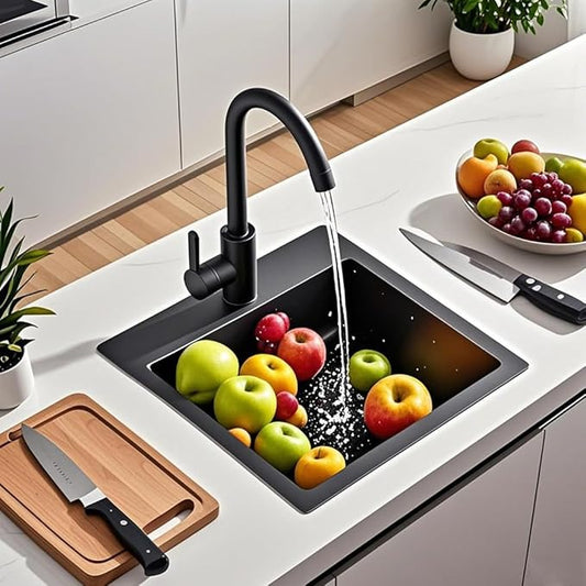 ARTLINE 15 x 17 Inch Black Drop in Bar Sink, Stainless Steel Single Bowl Kitchen Sink, Small Topmount 9 Inch Deep Wet Bar sink for Outdoor Prep RV Yard Laundry Utility with Dish Grid & Drain