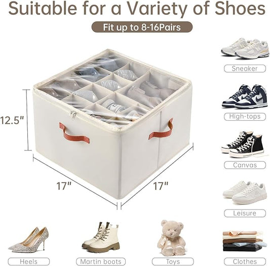 Shoe Organizer for Closet, 2 Pack Foldable Shoe Storage Containers, Fits up to 16-32 Pairs, Adjustable Dividers for Shoe Organizer, Fabric Shoe Storage Bins with Clear Cover, Beige