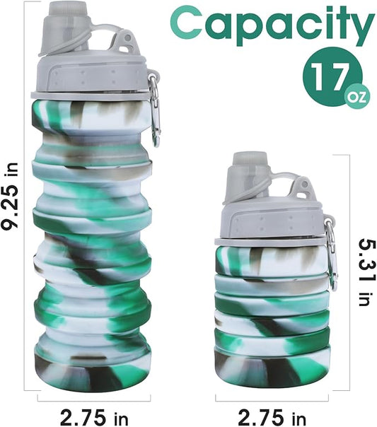 Rainbow Collapsible Water Bottles for Kids, Students, Adults, Reusable BPA Free Silicone Foldable Sports Water Bottles for Travel Camping Hiking, Folding Travel Water Bottles, Gary & Green