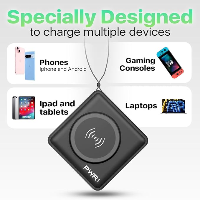 PWR Travel PRO 5-in-1 Power Bank with Case Included– 10,000mAh with Built-in Cables – 20W USB-C + 15W Wireless Charging – Compact Portable Charger for iPhone & Android- Black