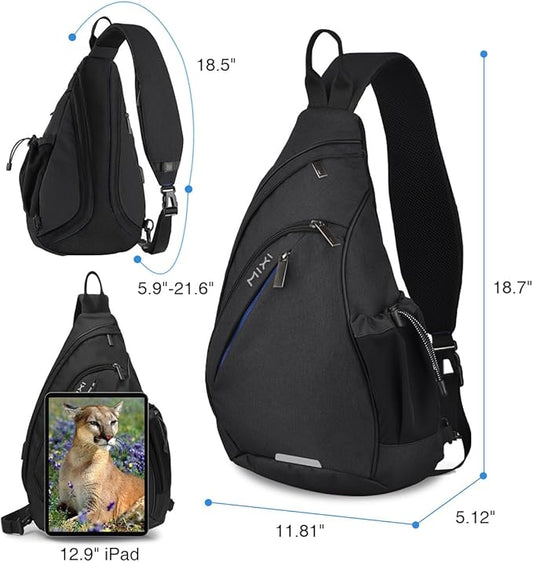 mixi Sling Bag Men Backpack Unisex One Shoulder Bag Hiking Travel Backpack Crossbody with USB Port for Men Women Versatile Casual Daypack-19 inch,Black