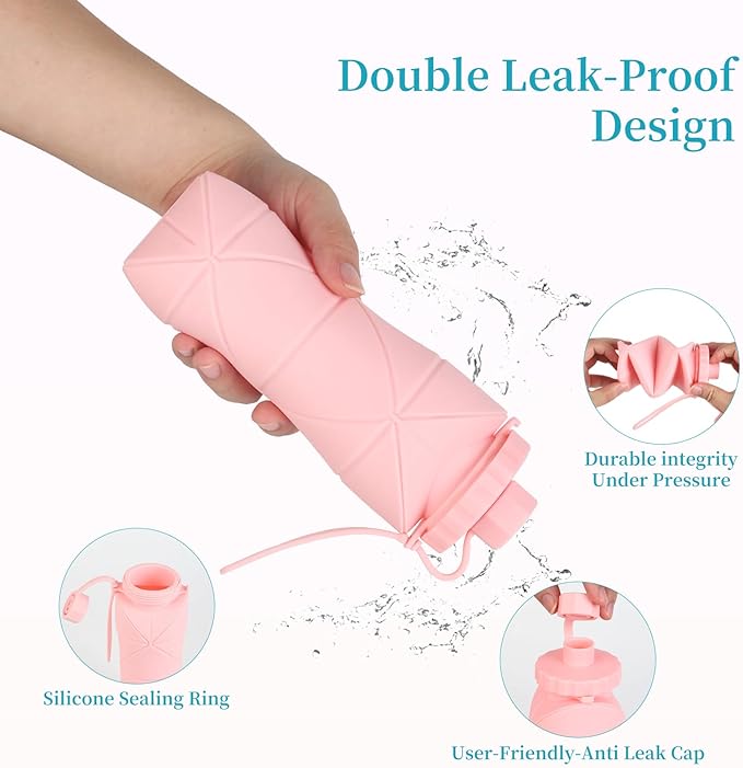 Silicone Collapsible Water Bottles,Lightweight Reusable Leakproof For Traveling Camping Hiking Cycling Sports Outdoor,Foldable Portable Travel Water Bottle 600ML Dark Grey And Dark Blue 2Pack.