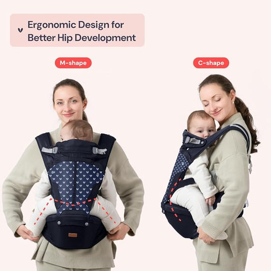 BabbleRoo Grow Carrier – 6-in-1 Baby Carrier with Hip Seat, Ergonomic, Cozy & Adjustable Toddler Carrier 7-50 lbs with Hip & Lumbar Support, Hood for Sun Protection, Newborn to Toddler, Navy Hearts