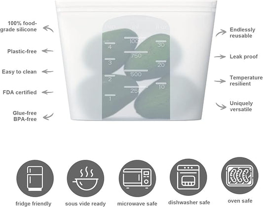 Reusable Silicone Food Storage Bag, for Microwave, Oven, Fridge, Freezer & Sous Vide Zip Sealed Containers (2 Middle size 32oz 1000ml)…