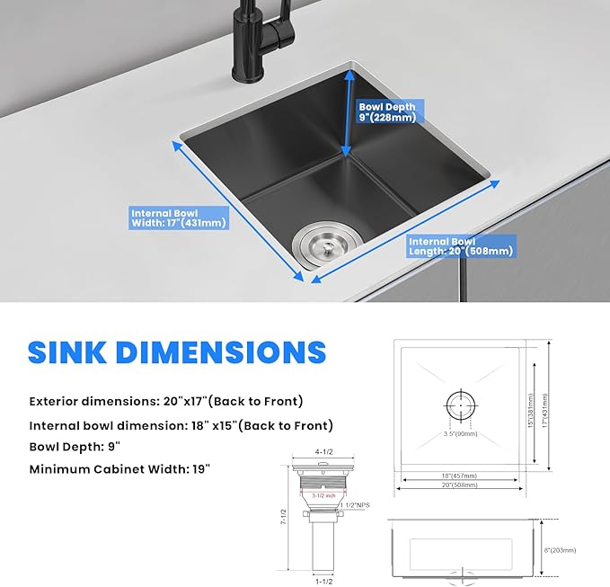 POPFLY 20 Inch Undermount Kitchen Sink, 20×17 Inch 304 Stainless Steel Sink, 18 Gauge Square Single Bowl 9 Inch Deep Bar Prep Small Rv Under Sinks Black