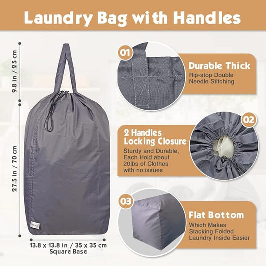 Washable Travel Laundry Bag with Handles and Drawstring, Heavy Duty Large Enough to Hold 3 Loads of Laundry, Fit a Laundry Basket or Clothes Hamper, 27.5x34.5 in,Grey and Black