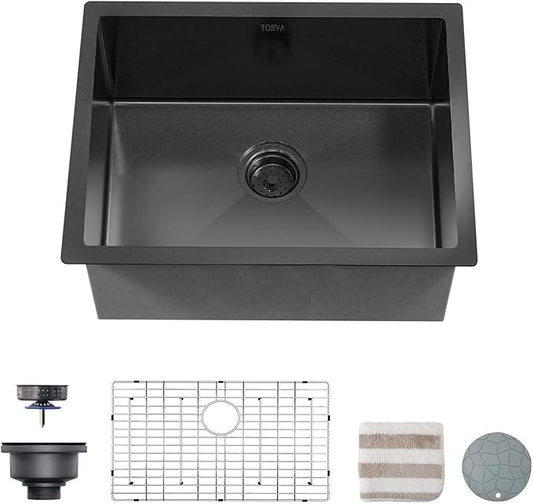 TORVA 25 x 18 Inch Gloss Black Ceramic Coating with NanoTek Undermount Kitchen Sink, PVD Coated Gunmetal Sink,16 Gauge Stainless Steel Wet Bar or Prep Sinks Single Bowl, Dark Gray