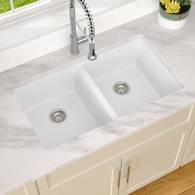 Dcolora 33 Inch Double Bowl Undermount Kitchen Sink White Deep Double Basin Prep Sink 50/50 Split Granite Composite 33"×19"×10“,#DC-GU001W