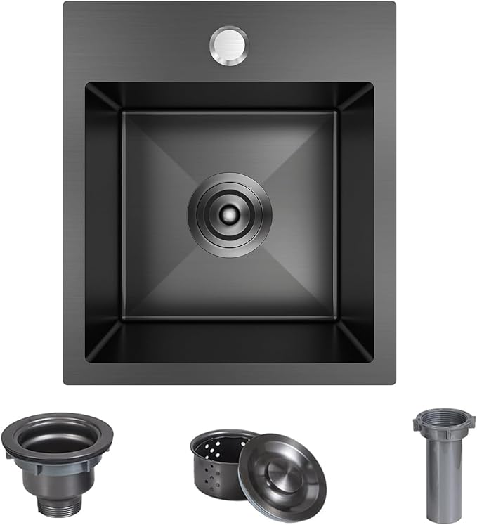 13 x 15 inch Drop in Bar Sink Black, Small Topmount Kitchen Sink Single Bowl 18 Gauge Handmade Wet Bar Sink with Drain