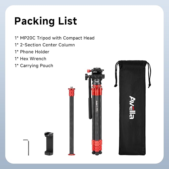 Avella Mini Carbon Fiber Camera Tripod MP20C, Portable Lightweight Tabletop, External Center Column Compact Design, Travel Tripod with 360°Ball Head and V Yoke Bracket for DSLR Camera