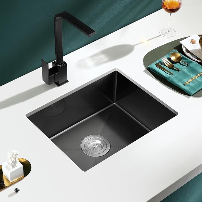 20-inch Undermount Kitchen Sink Black, T304 Stainless Steel Single Bowl Kitchen Sink Undermount, 9-inch Deep Sink Bowl Small Bar Sink, D20"xW16"xH9"