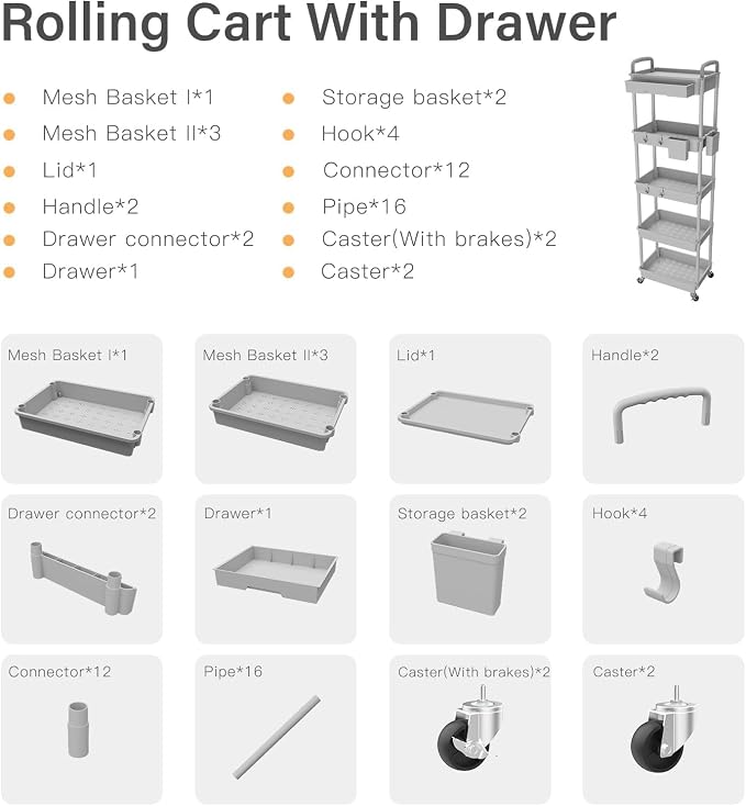5 Tier Rolling Cart Organizer, Bathroom Cart Organizers - Image 7
