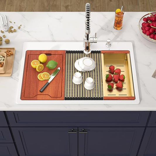 33 Inch Double Bowl White Kitchen Sinks 33x22 Granite Composite Dorp In 60/40 Basin with Luxury Accessories Quartz Workstation Sinks with Noise Reduction Durable and Hard Gold Accessoris Sink