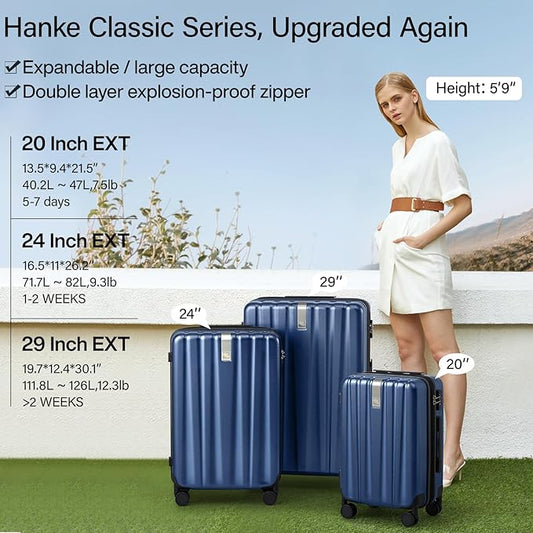 Hanke 20 Inch Expandable Carry on Luggage 22x14x9 Airline Approved Lightweight PC Hard Shell Suitcases with Wheels Travel Luggage Rolling Suitcase Travel Luggage Bag for Weekender(Dark Blue)