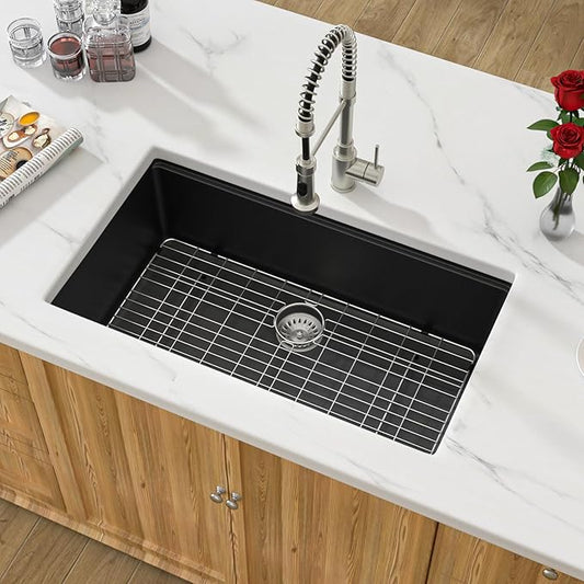 33 Inch Black Granite Composite Kitchen Sink Workstations Black Quartz Undermount Single Bowl Sink with Accessories Single Basin Large Capacity Noise Reduction Quiet Kitchen