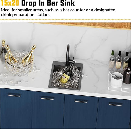Small Black Kitchen Sink,15x20 Inch Stainless Steel Drop In Toprmount Kitchen&Bar Sink Ideal Choice For Small Space, Prep Area, RV With Bottom Grid,Soap Mat And Drain Assembly