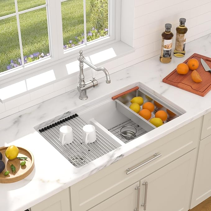 Dcolora 33 Inch Granite Compoisite Kitchen Sink White Undermount Kitchen Sink 50/50 Double Bowl Workstation Elegant Under Counter basin 33"×19“×10”,#DC-GX3327