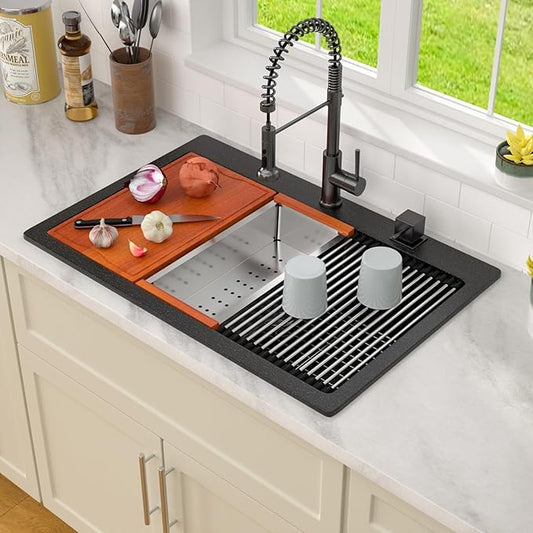 Dcolora 33x22 Drop In Kitchen Sink Black, Granite Composite Black Kitchen Sink Multifunctional Topmount Large Single Bowl Workstation Sinks #DC-0001GBT, 33" x 22" x 10"