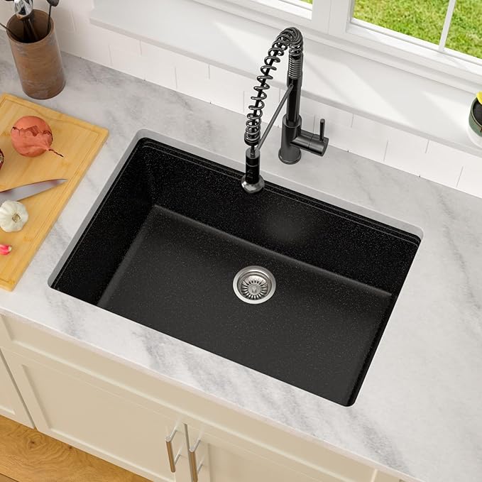 Dcolora 28 Inch Matte Black Undermount Kitchen Sink Single Bowl Modern Sink Workstation Granite Composite,#DC-GU0004BS