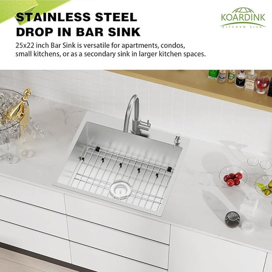 Stainless Steel Drop In Kitchen And Bar Sink - 25x22 Inch Single Bowl Topmount Bar Sink Come With SS Grid,Silicon Mat,Drain Strainer Set