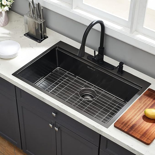 Kitchen Sink, 33 x 22 Drop in Kitchen Sink Gunmetal Black 16 Gauge Stainless Steel Kitchen Sinks Single Bowl Workstation Sink with Cutting Board