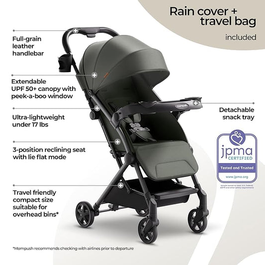 Mompush Lithe V2 Lightweight Travel Stroller, Compact Foldable Baby Stroller with Travel Bag, One-Hand Fold Stroller, Snack Tray, Mechanical Recline Seat, Airplane-Ready, UPF 50+ Canopy & Rain Cover