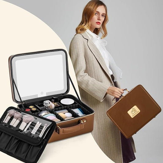 Makeup Bag with LED Mirror & Magnifier, Large Cosmetic Organizer Travel Makeup Case with Adjustable Brightness & 6 Detachable Dividers, Portable Makeup Storage for Women Girls (Brown)