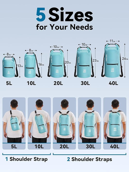 HEETA Waterproof Dry Bag with Front Zippered Pocket for Women Men, 5L/10L/20L/30L/40L Roll Top Lightweight Dry Storage Bag Backpack for Travel, Kayaking, Boating, Rafting, Camping, Hiking & Beach