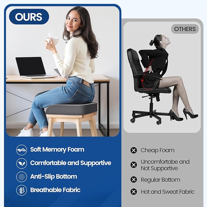 Seat Cushion for Tailbone Pain Relief, Office Chair Cushion, Memory Foam Large Chair Cushion with Non-Slip Cover for Soft Support at Office Chair, Car Seat, Airplane Grey/Large