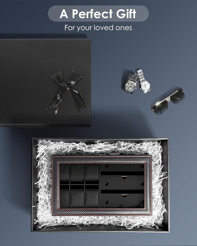 Watch Jewelry Box Organizer, 6-Slot 2-Layer Watch Case and Sunglasses Storage with Large Glass Lid, Men's Jewelry Box with Lock, Watch Holder Display Case, Gift for Men Women