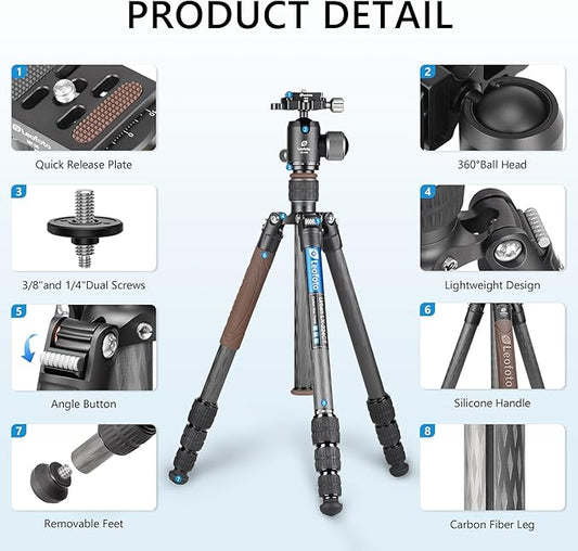 Carbon Fiber Lightweight Travel Tripod with 360° Ball Head, Removable Center Column, Folded Height 37cm, Weight 1.12kg, Maximum Load 8KG(LX-224CT+XB-32Q)