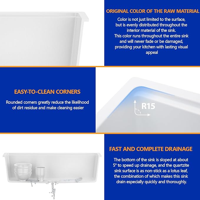 Dcolora 33 Inch White Granite Composite Kitchen Sink Workstation Undermount Single Bowl sink Large Sink For Kitchen,DC-GU2514