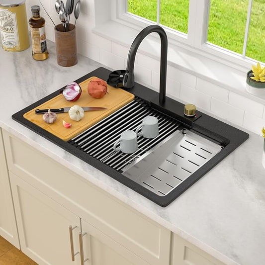 Dcolora Waterfall Smart Kitchen Sink 33x22 Drop In Single Bowl Multifunctional Kitchen Sinks With Faucet And Cup Washer,33 Inch Granite Composite (Black) DC-SFDOE00002