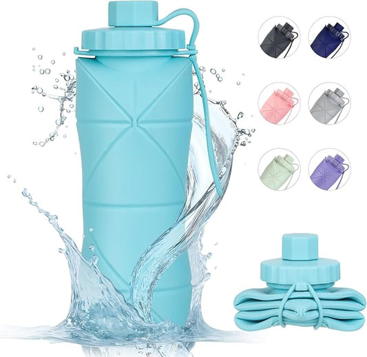YCT Collapsible Silicone Travel Water Bottle 20oz (600ml), Reuseable Leakproof BPA Free Foldable Sports Bottle, with Carrying Strap, Blue