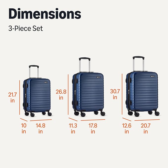 Amazon Basics 3-Piece Set (21", 26", 30"), Hardshell Suitcases With Wheels, Expandable For Up to 25% More Space, With Scratch-Resistant Surface, Four Multi-directional Wheels, Navy Blue