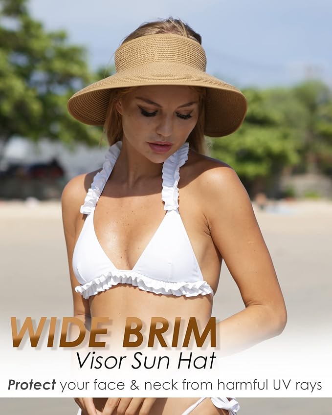 FURTALK Sun Hats for Women Wide Brim Beach Hat Straw Visor Ponytail Summer UV Packable Foldable Beach Vacation Essentials