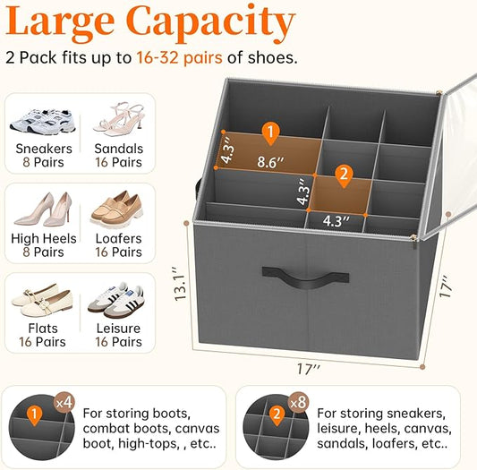 Shoe Organizer for Closet, Foldable Shoe Storage Containers, Fits up to 16 Pairs, Large Shoe Storage Organizer Box Cubby Baskets Bins with Clear Cover and Reinforced Handles, Gray