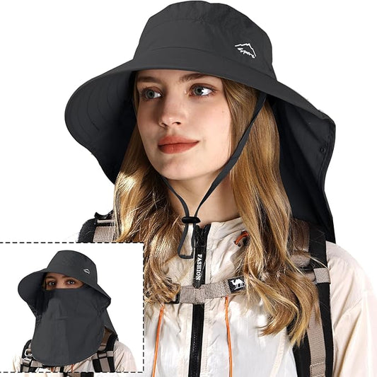 Rosoz Sun Hat for Men Women with Neck Flap,Wide Brim UPF50+ Fishing Hat with Detachable Face Cover Outdoor Sun Protection Hat